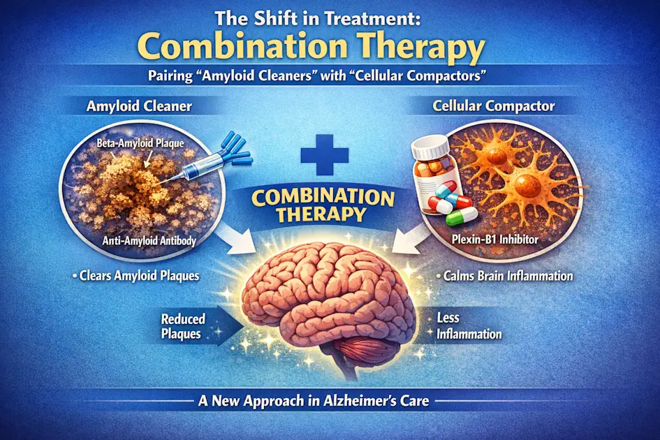 Infographic showing Alzheimer’s combination therapy with two drug types—“Amyloid Cleaners” and “Cellular Compactors”—working together to protect neurons and clear plaques.