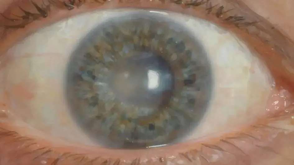 Close-up of a human eye showing cataract clouding