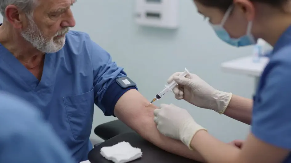 Close‑up medical scene: a healthcare professional gently inserts a syringe into the inside elbow of a senior patient to draw blood for a CMP test. 