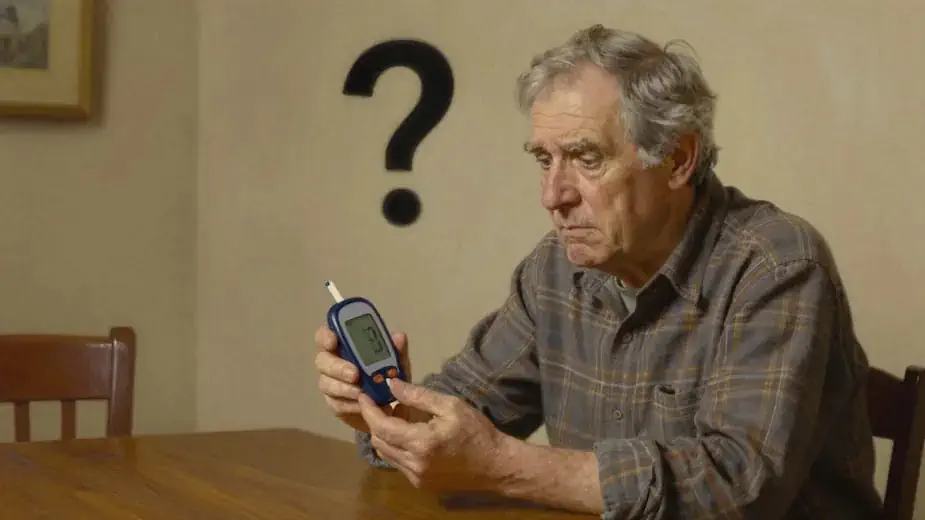 An older man sitting at a table, holding a blood sugar meter looking confused, with a floating question mark above his head.
