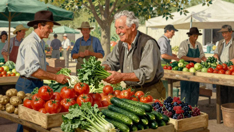 Seniors selecting fresh vegetables at a local farmers market