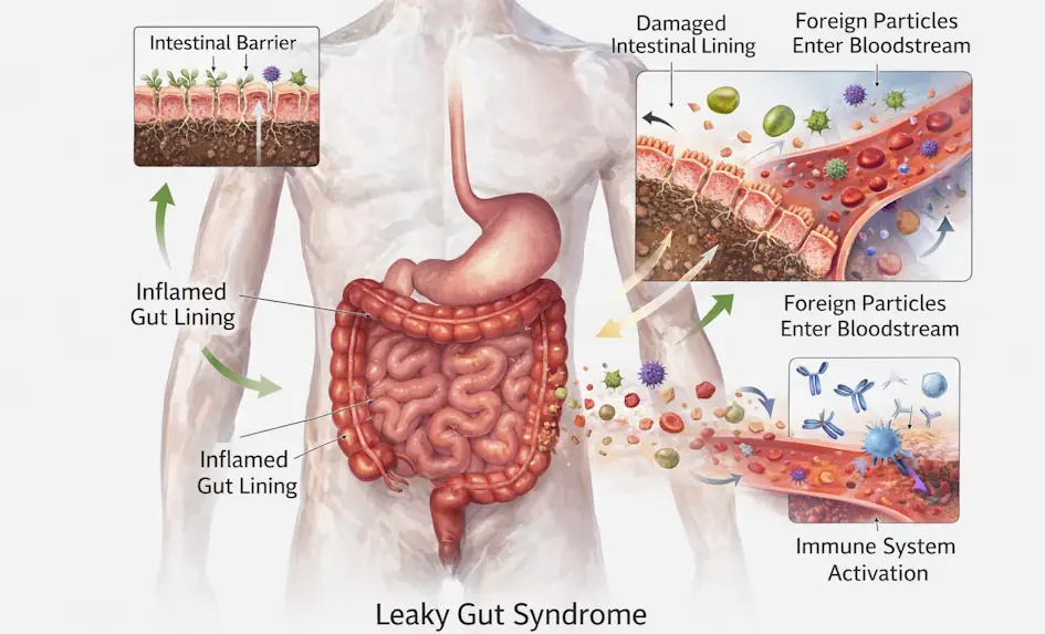 Diagram showing the intestinal lining with widened gaps
