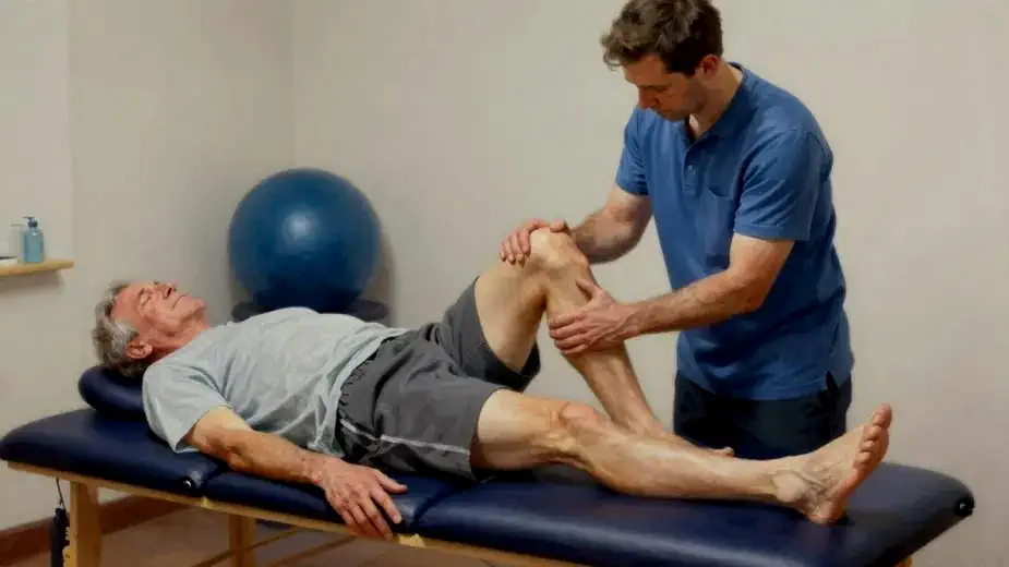 Physical therapist working with a senior patient on knee mobility