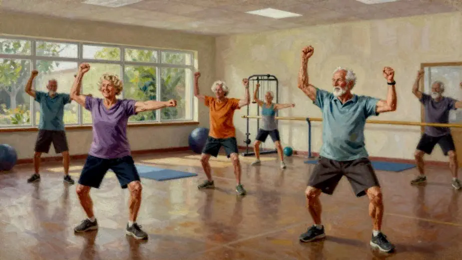 Older adults practicing balance and strength exercises together.