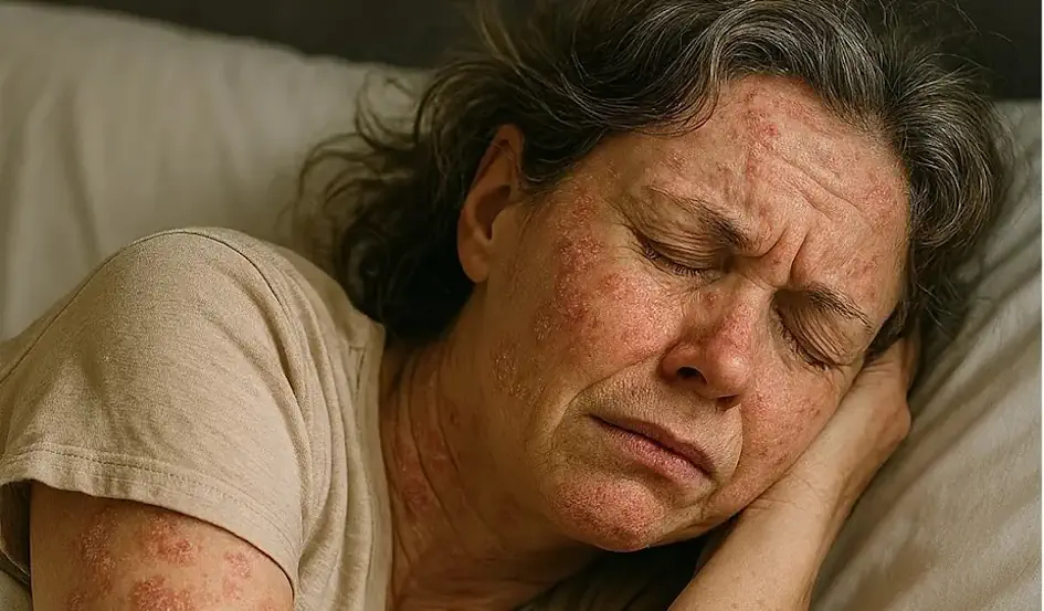 Woman with psoriasis experiencing nighttime discomfort