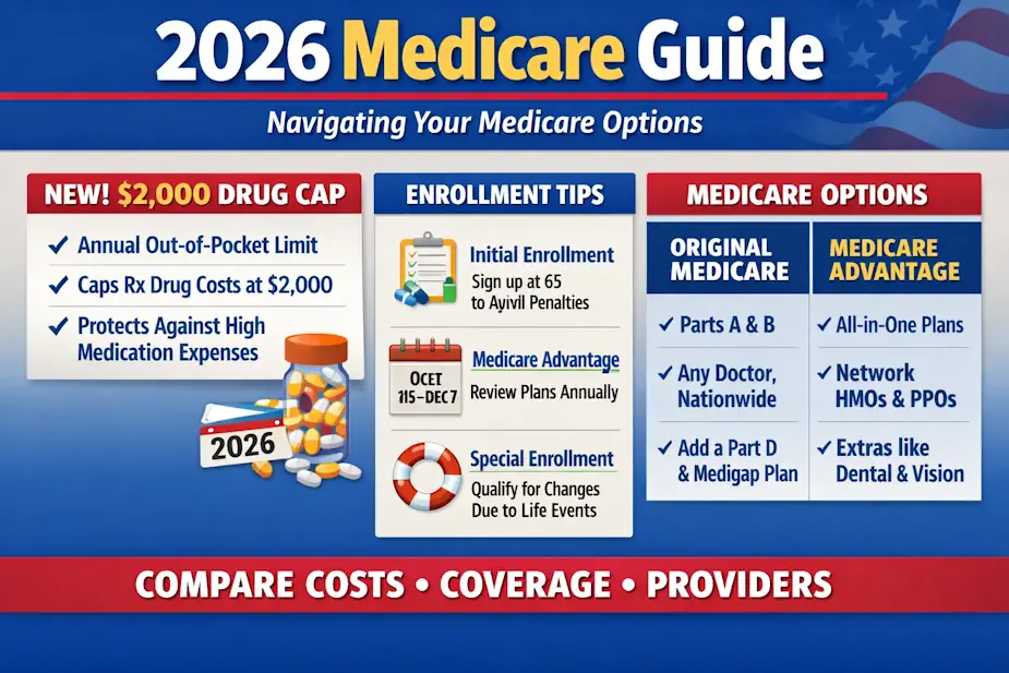 Illustration of Medicare Parts A, B, C, and D with 2026 updates.