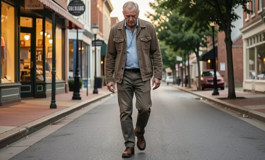 A weary middle-aged man shuffles down a street, symbolizing protein-deficiency fatigue.