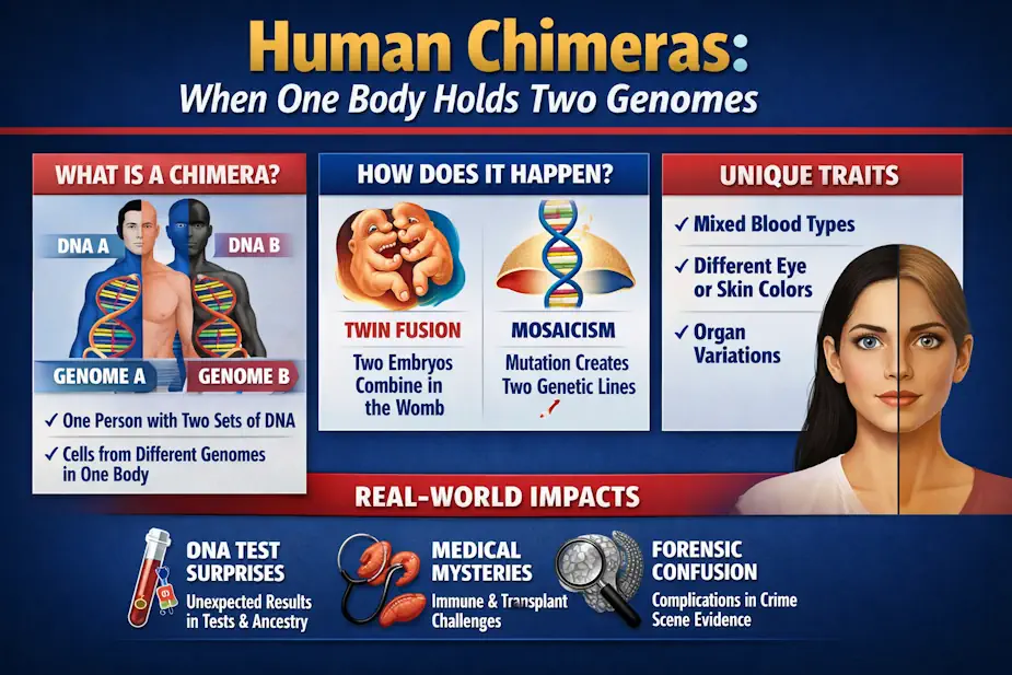Infographic of human chimerism showing two genomes in one body.