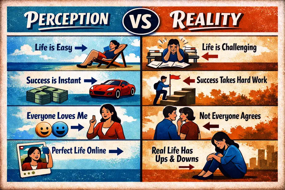 Illustration of the contrast between subjective perception and objective reality.